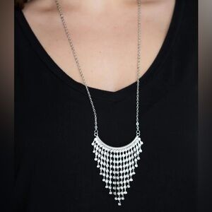 Glitter Bomb - Silver Tiered Rhinestone Fringe Necklace